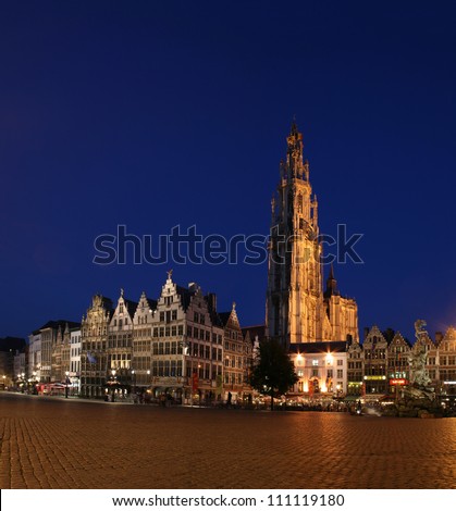Antwerp by night with the Cathedral of Our Lady