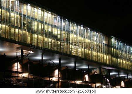Modern office building at night