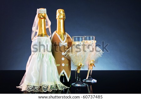 stock photo Wedding background of decorated bottles and glasses