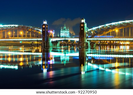 Piter the first bridge in winter night (Saint-Petersburg Russia, Neva River)