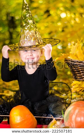 Beautiful little witch dress hat on Halloween in the autumn park