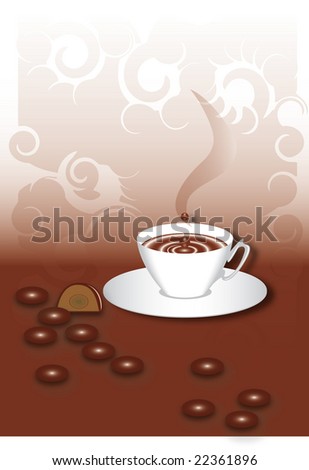 illustration with white cup and  brown coffee bean