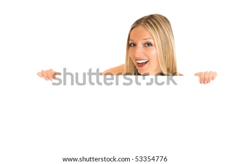 Woman peeping from white board