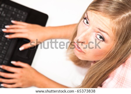 Caucasian woman with notebook on white isolated backgrodun