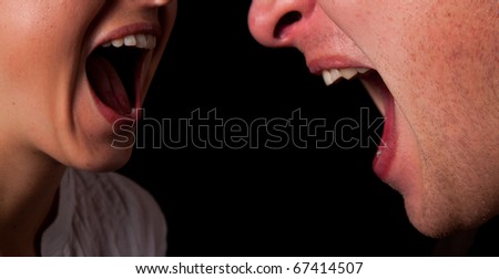 Yelling woman and man mouth closeup