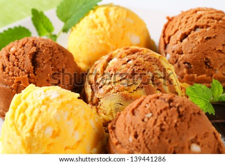 Scoops of chocolate and orange ice cream on a round plate