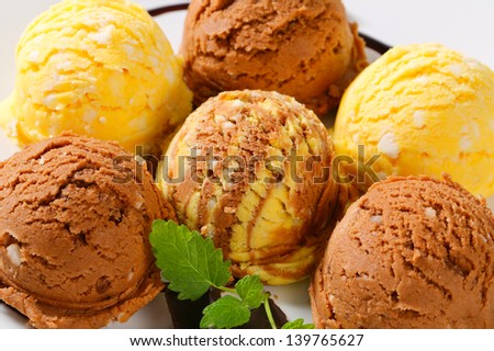 Scoops of chocolate and orange ice cream on a round plate