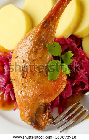 Roast duck with red sauerkraut and potato dumplings