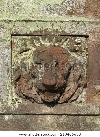 Relief of a lion\'s head on old stone wall