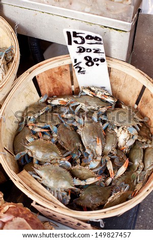 Crabs for sale at a seafood market, Chinatown, New York
