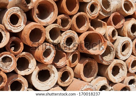 Clay pipes in the ruins of the Ancient Greek city of Ephesus located in the Izmir Province, Turkey