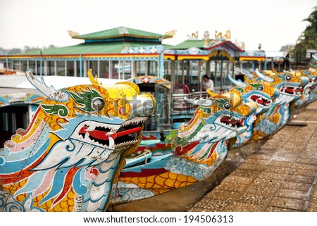 Very colourful River Boats moored on the Perfume River, Hue, Vietnam