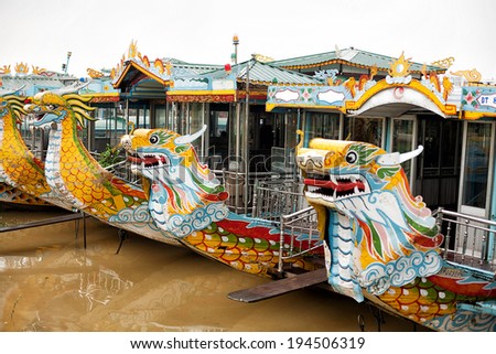 Very colourful River Boats moored on the Perfume River, Hue, Vietnam