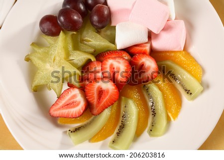 Fruit Platter of various fresh fruits and marshmallows