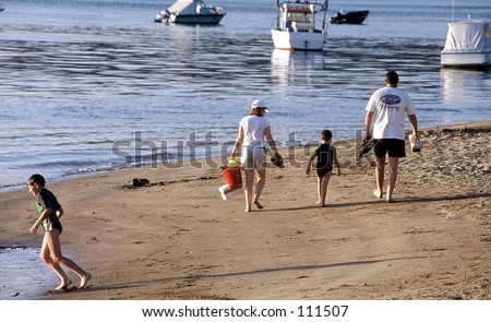 Family walking along river bank