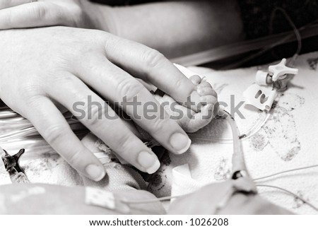 Premature Baby Boy born six and a half weeks early clasps his Mother's finger with his tiny hand