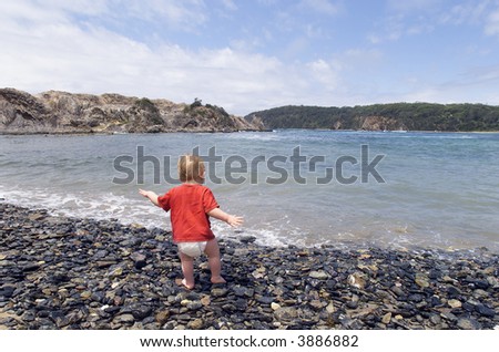Young boy, two years old, playing at the beach at the water\'s edge