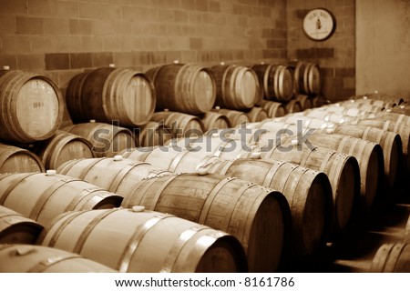 Oak barrels of wine in Vineyard Cellar