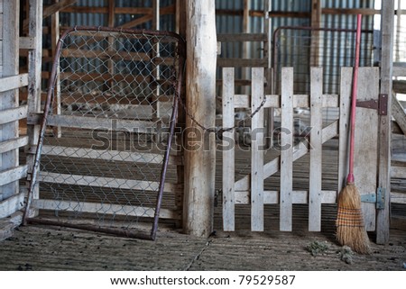 Interior view of Australian sheep shearing shed with straw broom, gates and timber floor