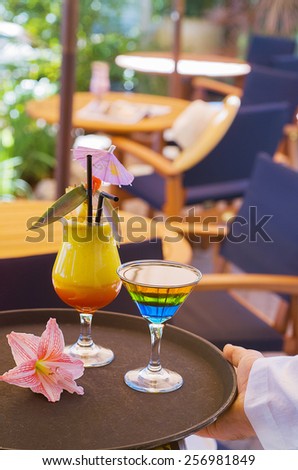 Fancy Alcohol Cocktail Drinks on a bar serving tray