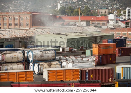 HOBART,Australia - March 20: Fire Brigade units attend a warehouse fire in a shipping container yard March 20, 2012 in Hobart, Tasmania