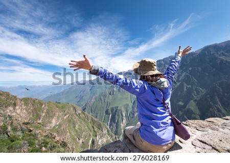 Successful Traveler to hiking to summit and bird watching, Colca Canyon, Arequipa, Peru