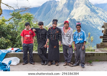 26 APR 2105 ; A group of Inca trail camping team, Cooking and Potters, Machu Picchu, Cusco, Peru