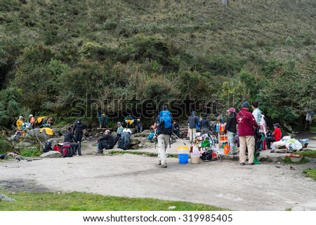 25 Apr 2015 ;  A lot of Travellers take rest at pit stop on Inca Trail, Machu Picchu, Cusco, Peru