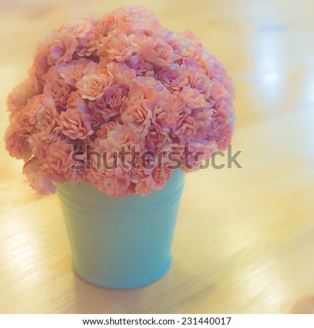 Pink flowers in blue flowerpot  with soft light  : filtered process