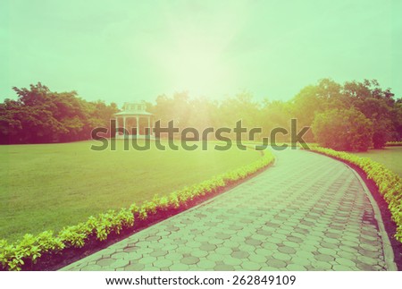 Vintage styled image of the path towards the light in public park . A concepts of new life, hope, way to heaven.