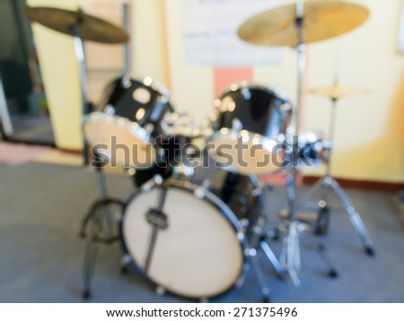 Abstract blurred  music instruments in empty  recording studio room  for background.