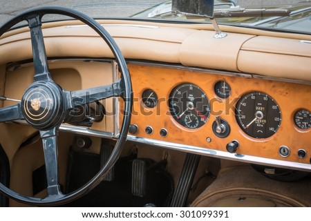 PARMA, ITALY - APRIL 2015: Retro Vintage Jaguar Car driver\'s seat and dashboard