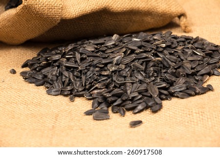 Sunflower seeds in bag on wooden background
