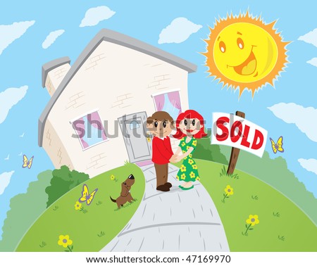 Happy couple in front of sold/purchased house.