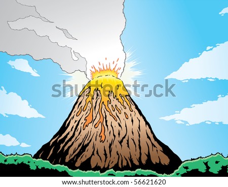 Volcano erupting in a comic book format.