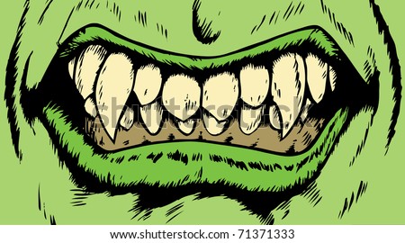 Drawing of an angry monster mouth with scary fangs.