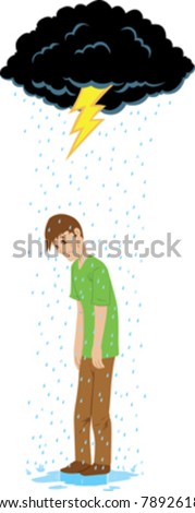 Sad Guy Beneath A Rain Cloud. 商业向量插图