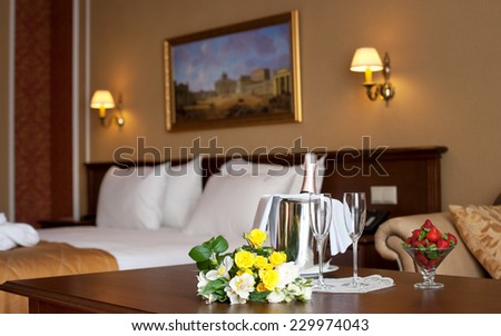 Romantic set for a date. Hotel room