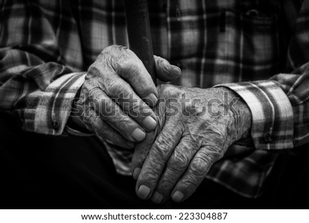 Hands of the old man. Black and White.