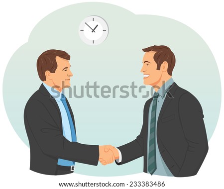 Two smiling businessman in suits are handshaking