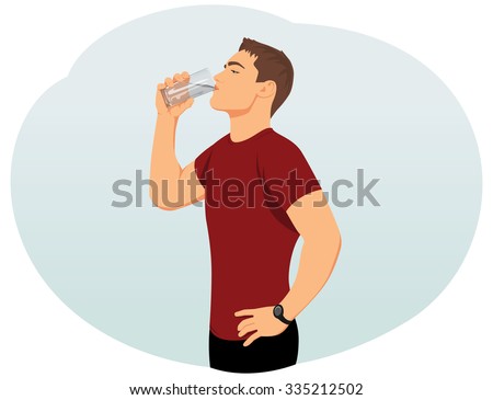 Attractive young man is drinking water from a glass. Fitness and health.