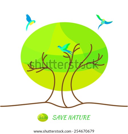 Illustration environmentally friendly planet.Green landscape,tree and birds isolated on white background. Eco Concept.