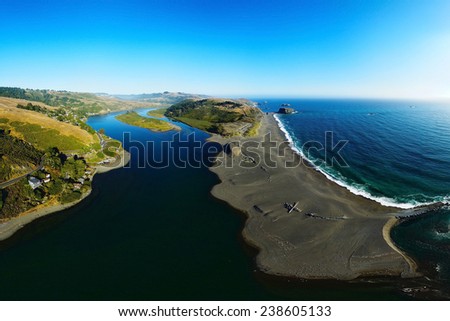 Aerial view of the great river and ocean coast line.
