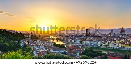 Aerial panorama of Florence city, Arno River and Ponte Vecchio at sunset. Florence city in Italy, Europe