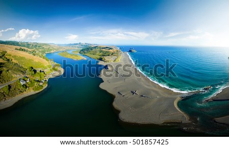 Aerial panoramic view of sea nature landscape. Coastline of the Pacific ocean, California USA. travel concept. View from above to river scene. Nature sea view. Park at summer.