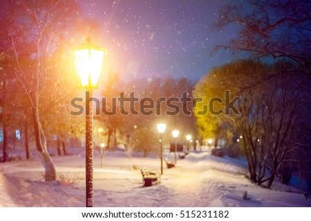 Snowfall in the city. Severe weather in the park. Winter landscape - bench under winter trees and shining lights. Night scene with falling snowflakes.