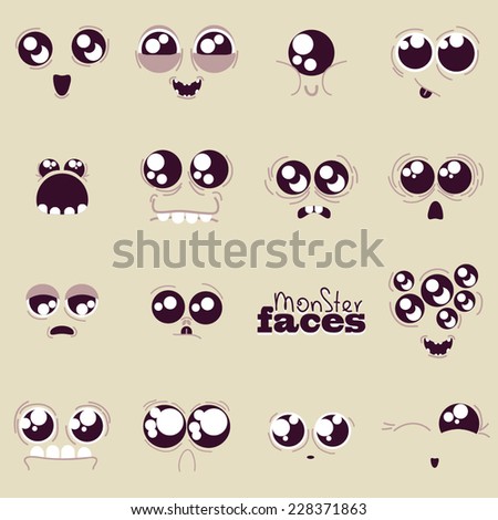 set of vector monster faces, different emotions, big eyes