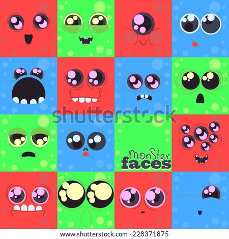 set of vector monster faces, different emotions, big eyes, red green blue background
