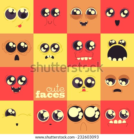 set of cute vector faces, different emotions, big eyes