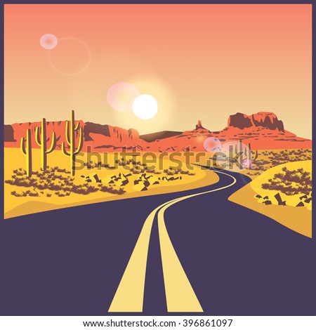 stylized vector illustration on the theme of travels and trip. Desert road.